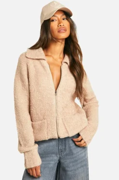 Cardigans*boohoo Soft Knit Boucle Zip Through Collared Knitted Bomber camel