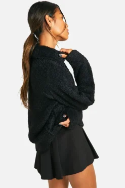 Cardigans*boohoo Soft Knit Boucle Zip Through Collared Cardigan black