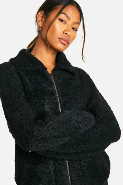 Cardigans*boohoo Soft Knit Boucle Zip Through Collared Cardigan black