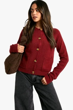 Cardigans|Jumpers & Cardigans*boohoo Soft Knit Boxy Cardigan With Pockets berry