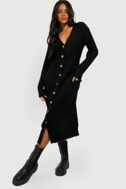 Mini Dresses|Midi Dresses*boohoo Soft Knit Button Through Midi Knitted Dress black