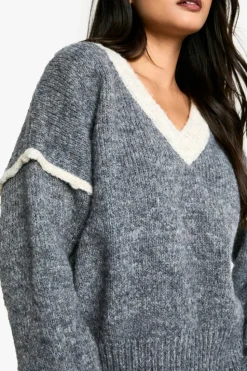 Jumpers|Up To 80% Off Winter Warmers*boohoo Soft Knit Contrast Detail Knitted V Neck Jumper grey