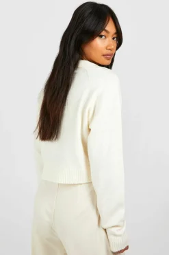 Jumpers*boohoo Soft Knit Fine Gauge Cropped Polo Collar Jumper ecru