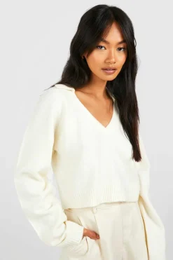 Jumpers*boohoo Soft Knit Fine Gauge Cropped Polo Collar Jumper ecru