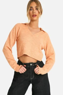 Up To 80% Off Winter Warmers|Jumpers*boohoo Soft Knit Fine Gauge Cropped Polo Collar Jumper orange