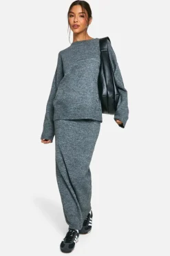 Knitted Co-Ords|Up To 80% Off Winter Warmers*boohoo Soft Knit Fine Gauge Jumper And Maxi Skirt Knitted Co-ord charcoal
