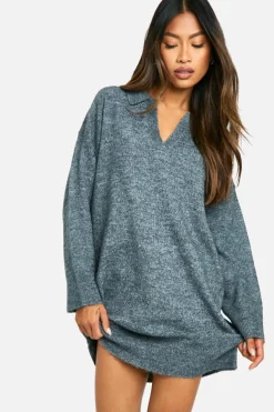 Jumper Dresses|Jumper Dresses*boohoo Soft Knit Fine Gauge Polo Collar Jumper Dress charcoal