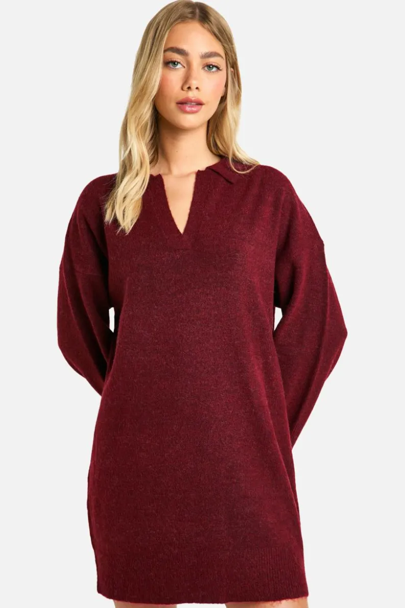 Jumper Dresses|Jumper Dresses*boohoo Soft Knit Fine Gauge Polo Collar Jumper Dress berry