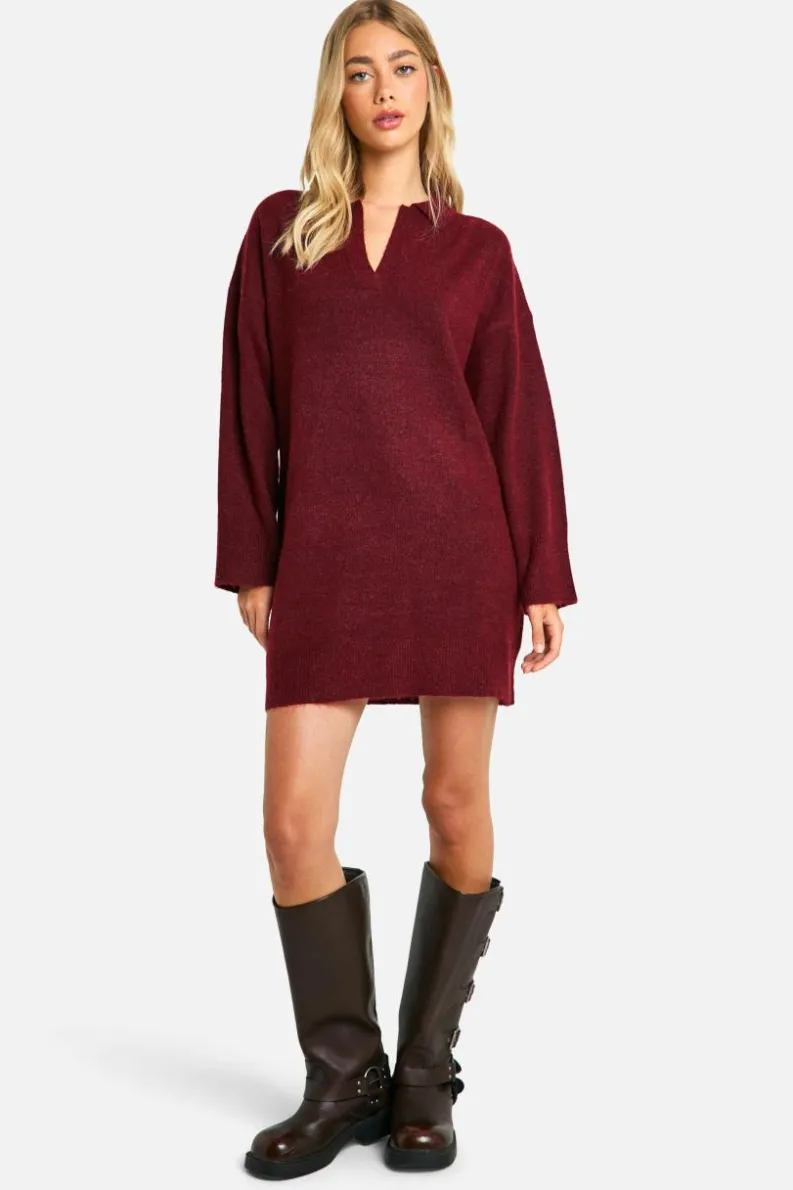Jumper Dresses|Jumper Dresses*boohoo Soft Knit Fine Gauge Polo Collar Jumper Dress berry