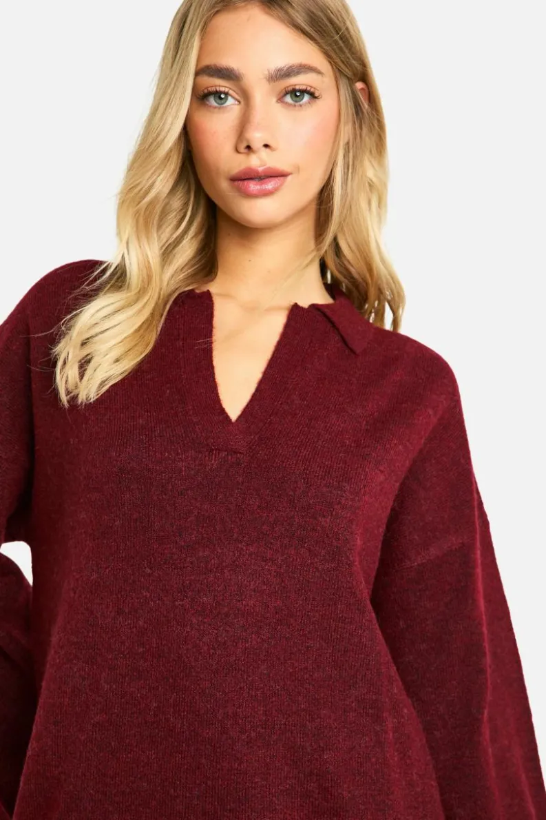 Jumper Dresses|Jumper Dresses*boohoo Soft Knit Fine Gauge Polo Collar Jumper Dress berry