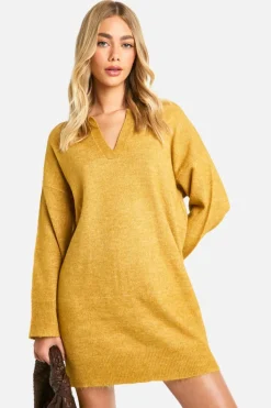 Jumper Dresses|Jumper Dresses*boohoo Soft Knit Fine Gauge Polo Collar Jumper Dress mustard