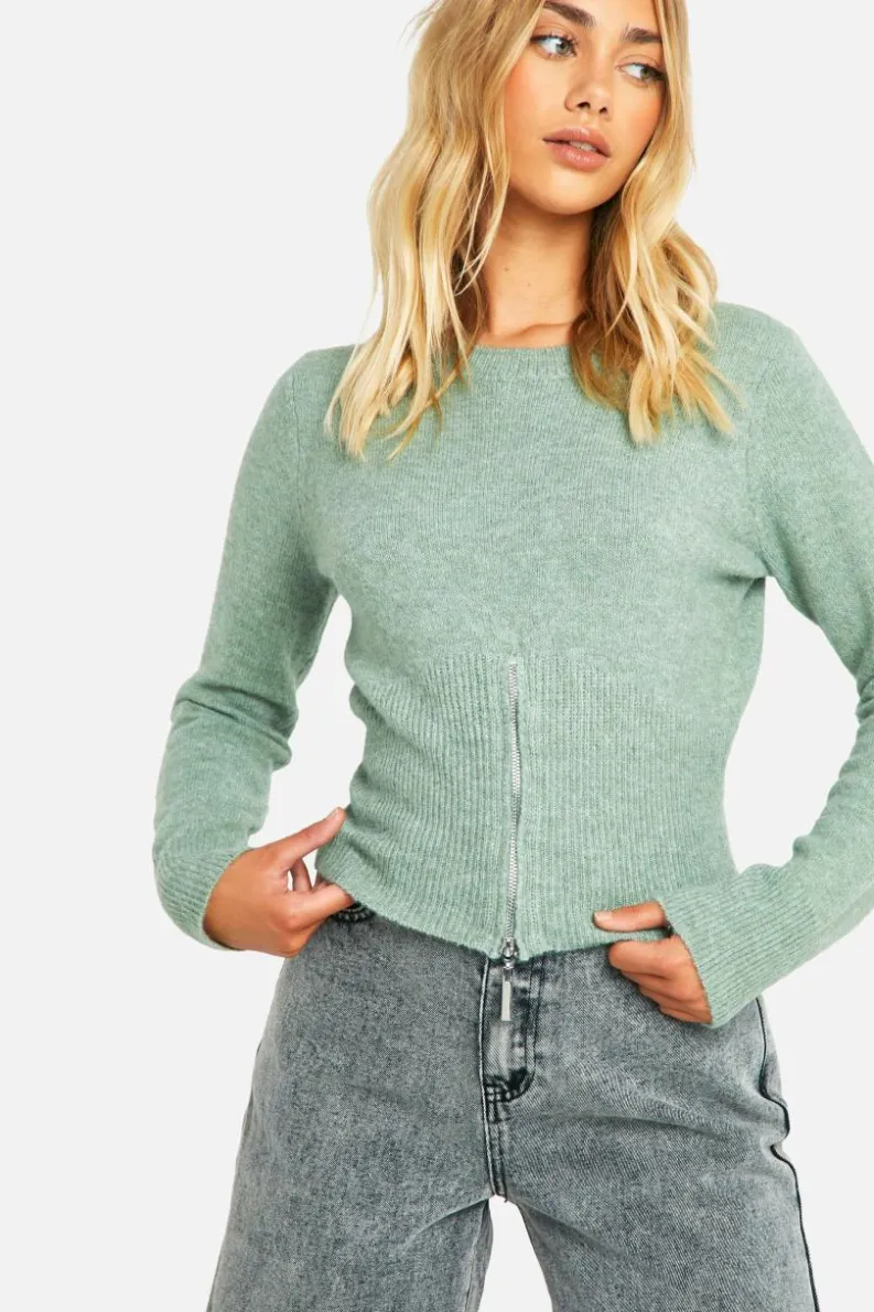 Jumpers*boohoo Soft Knit Fine Gauge Zip Hemline Jumper sage
