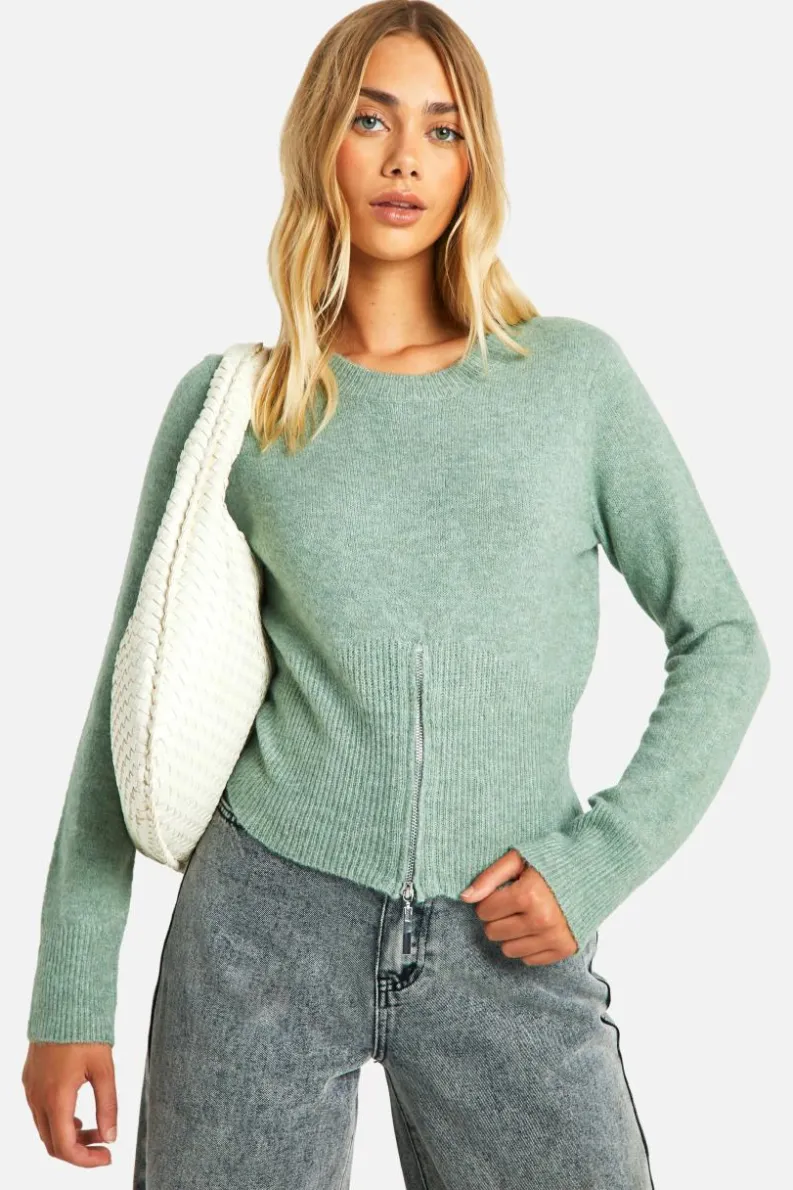 Jumpers*boohoo Soft Knit Fine Gauge Zip Hemline Jumper sage