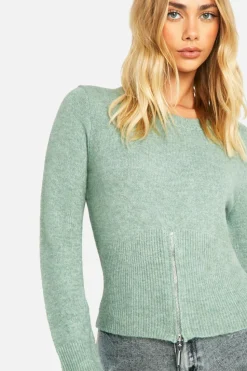 Jumpers*boohoo Soft Knit Fine Gauge Zip Hemline Jumper sage