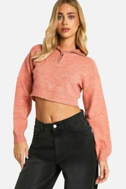 Jumpers*boohoo Soft Knit Half Zip Crop Jumper coral