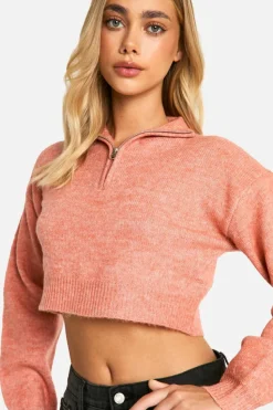Jumpers*boohoo Soft Knit Half Zip Crop Jumper coral
