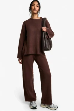 Knitted Co-Ords|Knitwear*boohoo Soft Knit Jumper And Wide Leg Trouser Knitted Co-ord chocolate