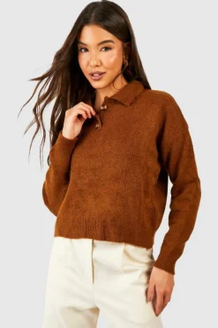 Oversized Jumpers*boohoo Soft Knit Jumper With Polo Collar camel
