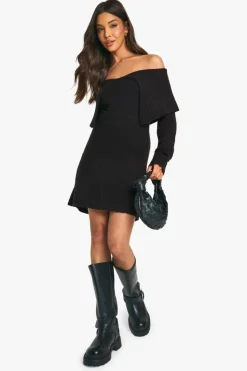 Jumper Dresses|Jumper Dresses*boohoo Soft Knit Oversized Collar Off The Shoulder Jumper Dress black