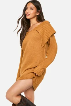 Jumper Dresses|Jumper Dresses*boohoo Soft Knit Oversized Collar Off The Shoulder Jumper Dress camel