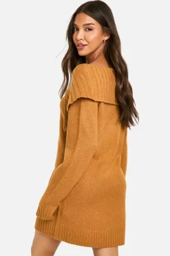 Jumper Dresses|Jumper Dresses*boohoo Soft Knit Oversized Collar Off The Shoulder Jumper Dress camel