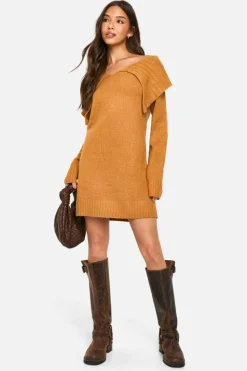 Jumper Dresses|Jumper Dresses*boohoo Soft Knit Oversized Collar Off The Shoulder Jumper Dress camel