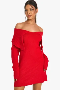 Jumper Dresses|Jumper Dresses*boohoo Soft Knit Oversized Collar Off The Shoulder Jumper Dress red