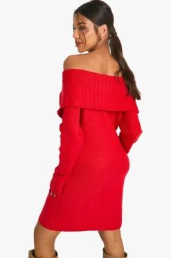 Jumper Dresses|Jumper Dresses*boohoo Soft Knit Oversized Collar Off The Shoulder Jumper Dress red