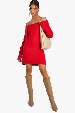 Jumper Dresses|Jumper Dresses*boohoo Soft Knit Oversized Collar Off The Shoulder Jumper Dress red