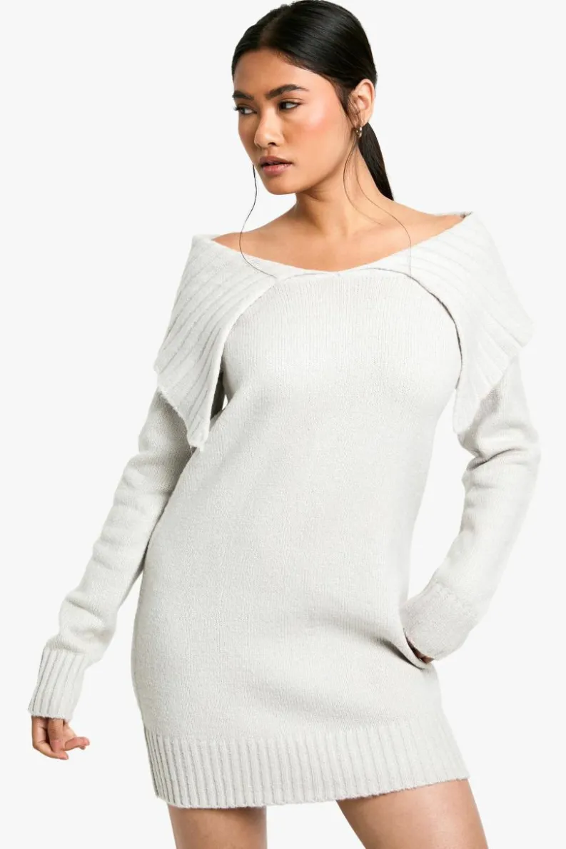 Mini Dresses|Jumper Dresses*boohoo Soft Knit Oversized Collar Off The Shoulder Jumper Dress grey