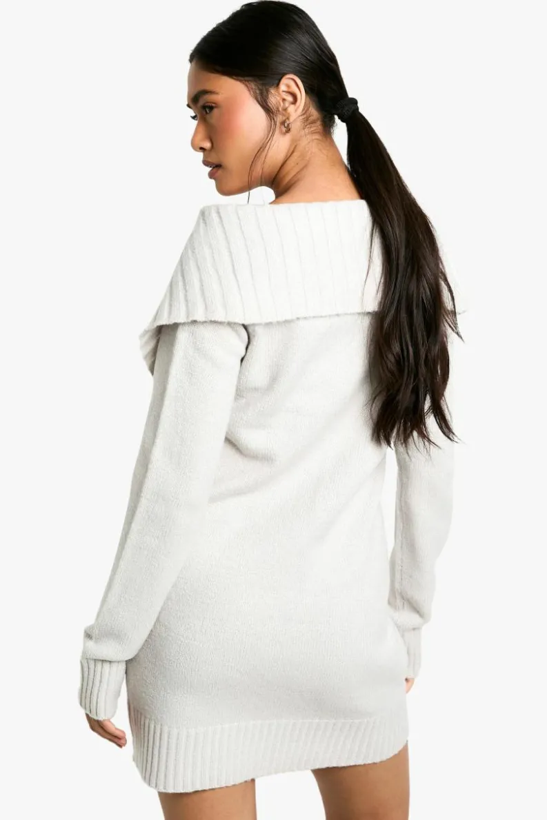 Mini Dresses|Jumper Dresses*boohoo Soft Knit Oversized Collar Off The Shoulder Jumper Dress grey