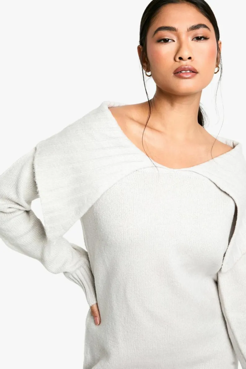 Mini Dresses|Jumper Dresses*boohoo Soft Knit Oversized Collar Off The Shoulder Jumper Dress grey