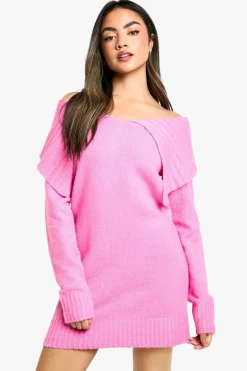 Jumper Dresses|Jumper Dresses*boohoo Soft Knit Oversized Collar Off The Shoulder Jumper Dress pink