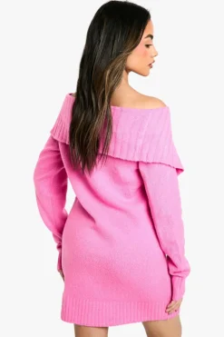Jumper Dresses|Jumper Dresses*boohoo Soft Knit Oversized Collar Off The Shoulder Jumper Dress pink