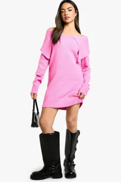 Jumper Dresses|Jumper Dresses*boohoo Soft Knit Oversized Collar Off The Shoulder Jumper Dress pink