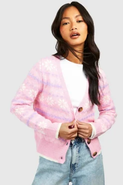 Cardigans*boohoo Soft Knit Pastel Snowflake Fairisle Christmas Cardigan pink