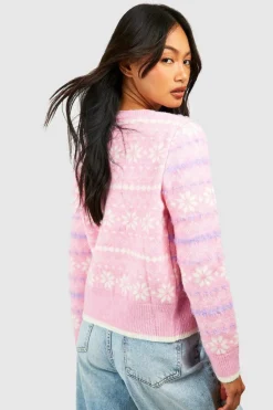 Cardigans*boohoo Soft Knit Pastel Snowflake Fairisle Christmas Cardigan pink