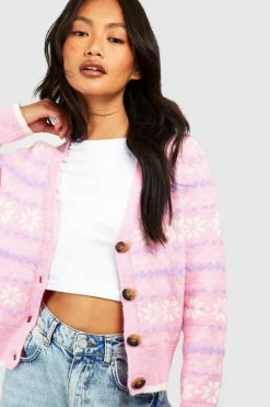 Cardigans*boohoo Soft Knit Pastel Snowflake Fairisle Christmas Cardigan pink