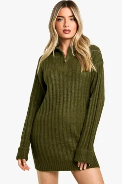 Jumper Dresses|Jumper Dresses*boohoo Soft Knit Rib Zip Neck Oversized Mini Jumper Dress khaki