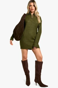 Jumper Dresses|Jumper Dresses*boohoo Soft Knit Rib Zip Neck Oversized Mini Jumper Dress khaki