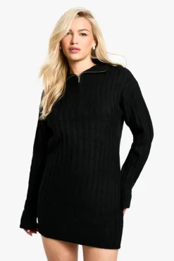 Mini Dresses|Jumper Dresses*boohoo Soft Knit Rib Zip Neck Oversized Mini Dress black