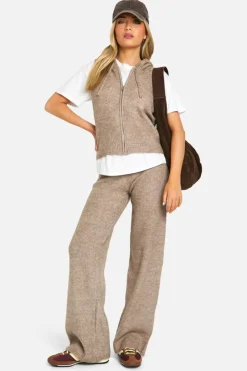 Knitted Co-Ords|Knitwear*boohoo Soft Knit Sleeveless Hoody And Wide Leg Trouser Tracksuit taupe