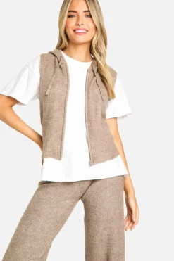 Knitted Co-Ords|Knitwear*boohoo Soft Knit Sleeveless Hoody And Wide Leg Trouser Tracksuit taupe