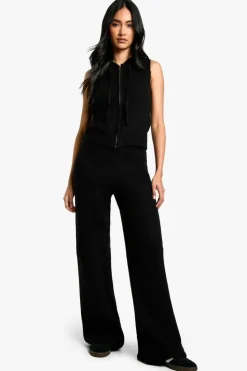 Knitted Co-Ords|Knitwear*boohoo Soft Knit Sleeveless Hoodie And Wide Leg Trouser Tracksuit black