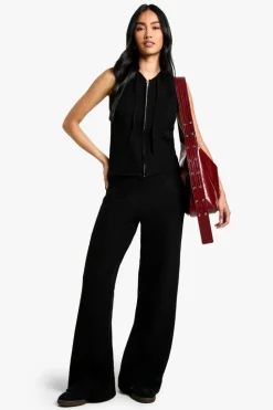Knitted Co-Ords|Knitwear*boohoo Soft Knit Sleeveless Hoodie And Wide Leg Trouser Tracksuit black