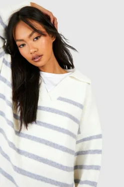 Oversized Jumpers*boohoo Soft Knit Stripe Polo Collar Jumper ivory