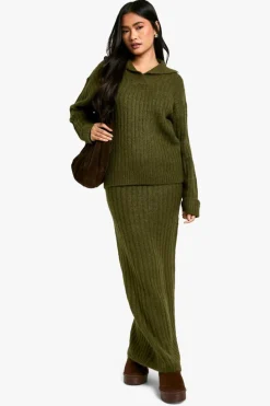 Knitted Co-Ords|Skirts*boohoo Soft Knit Thick Rib Collar Detail Jumper And Maxi Skirt Set khaki