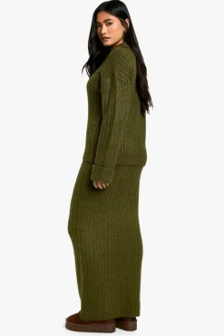 Knitted Co-Ords|Skirts*boohoo Soft Knit Thick Rib Collar Detail Jumper And Maxi Skirt Set khaki