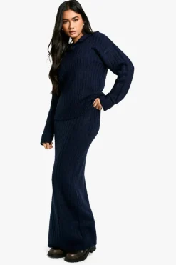 Knitted Co-Ords|Bottoms*boohoo Soft Knit Thick Rib Collar Detail Jumper And Maxi Skirt Set navy
