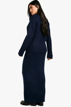 Knitted Co-Ords|Bottoms*boohoo Soft Knit Thick Rib Collar Detail Jumper And Maxi Skirt Set navy